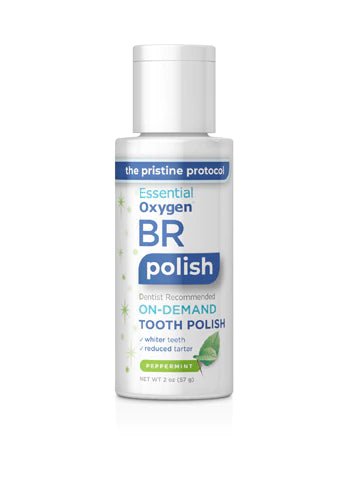 Essential Oxygen Tooth Polish 2 oz bottle for stain removal and fresh breath, dentist recommended for brighter smile.