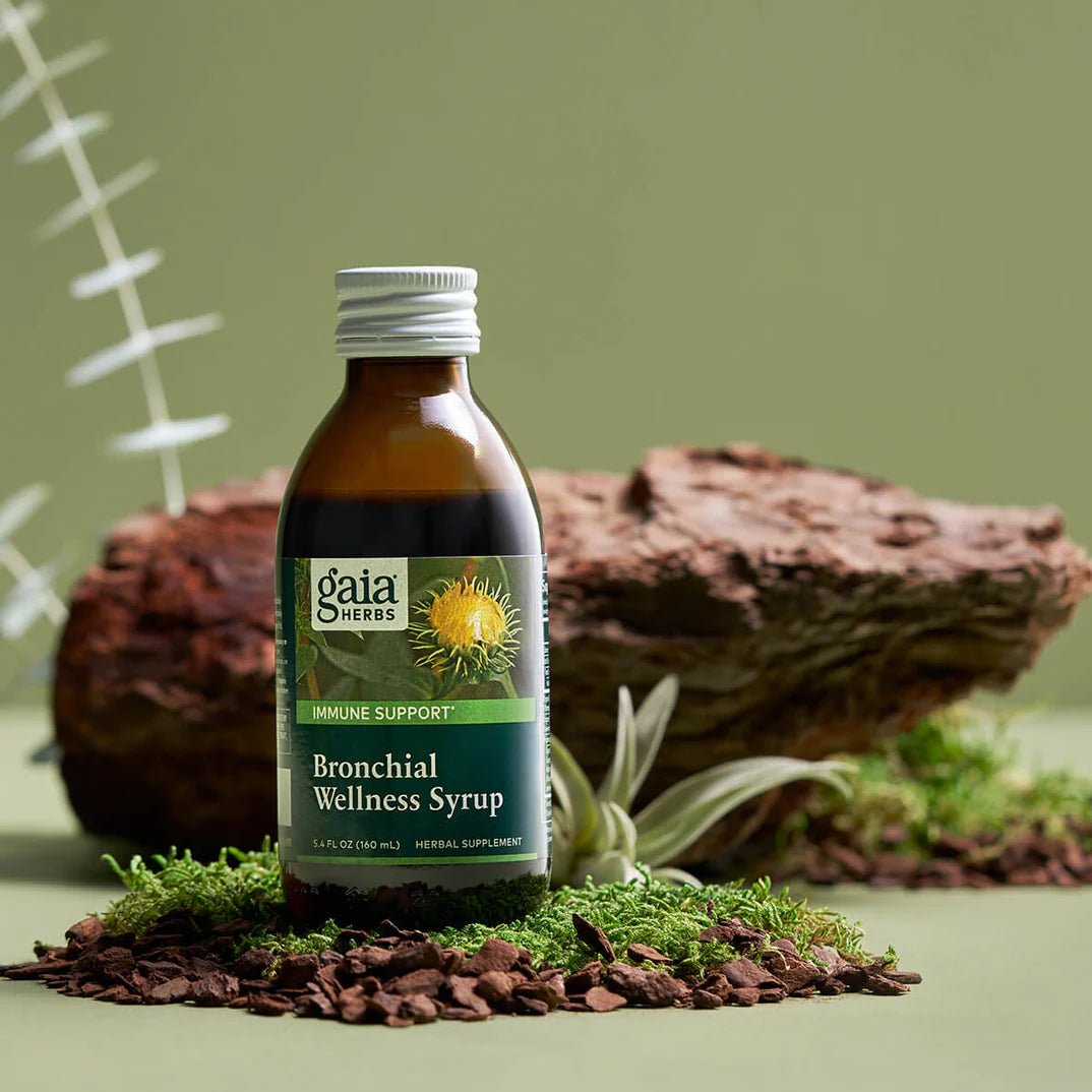 Gaia Herbs Bronchial Wellness Syrup bottle on a natural background, designed for respiratory support, 5.4 Fl Oz.