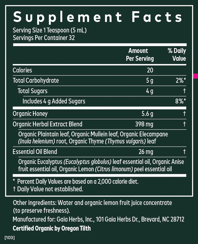 Supplement facts for Gaia Herbs Bronchial Wellness Syrup showing ingredients and nutritional information for respiratory support.