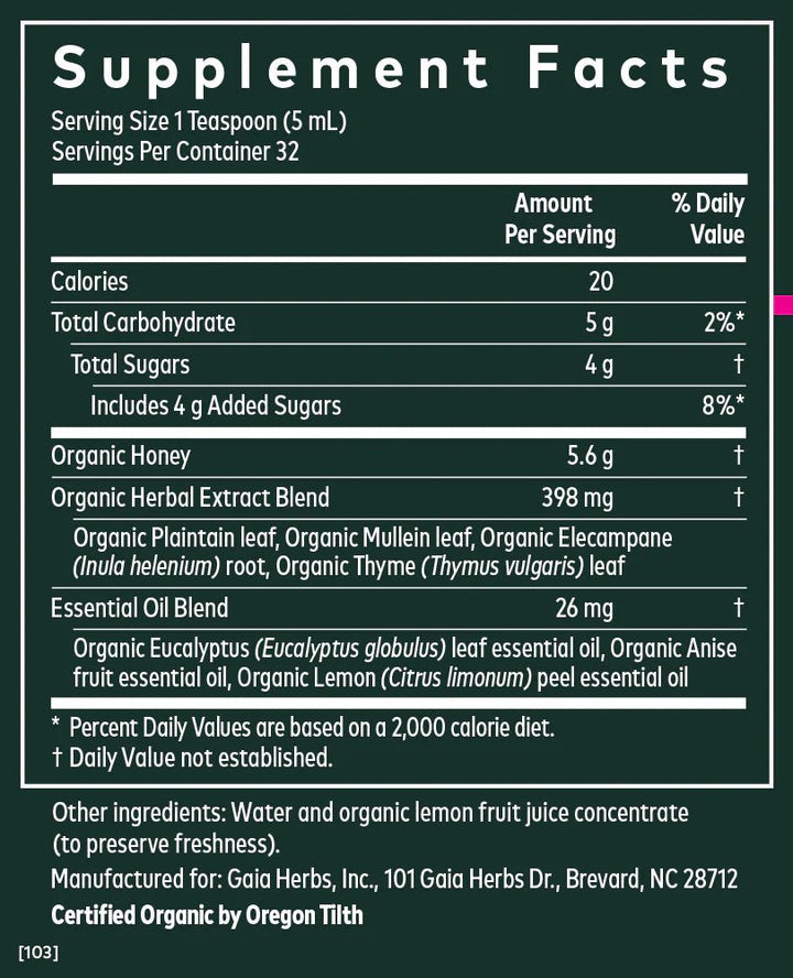 Supplement facts for Gaia Herbs Bronchial Wellness Syrup showing ingredients and nutritional information for respiratory support.
