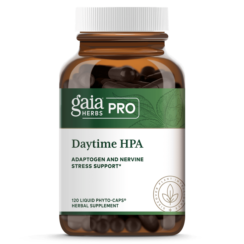 Gaia Herbs Daytime HPA herbal supplement with Rhodiola and Ashwagandha in 120 capsules, dietary supplement for stress support.