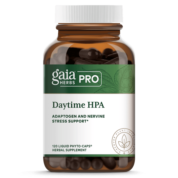 Gaia Herbs Daytime HPA herbal supplement with Rhodiola and Ashwagandha in 120 capsules, dietary supplement for stress support.