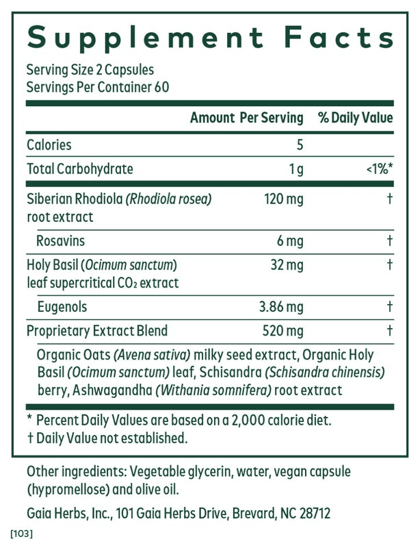 Gaia Herbs Daytime HPA herbal supplement capsules with rhodiola and ashwagandha, dietary supplement by MHP, 120 capsules.