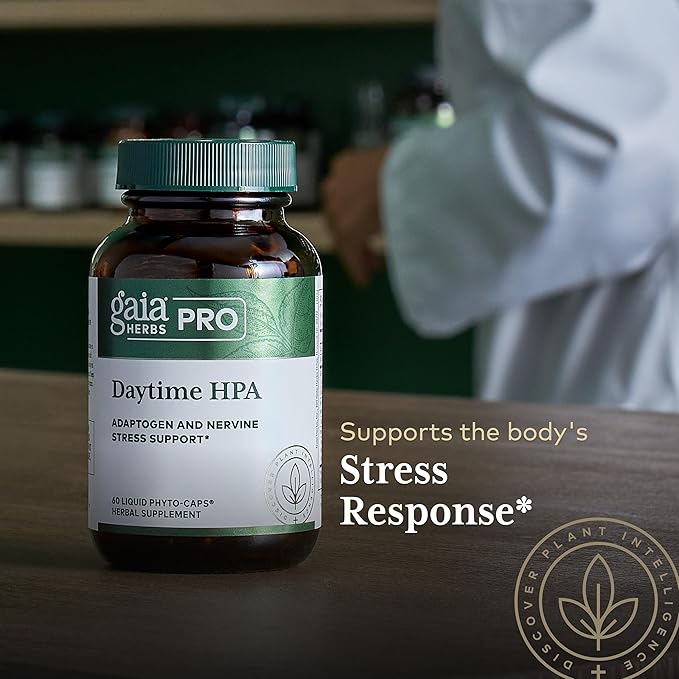MHP Gaia Herbs Daytime HPA herbal supplement capsules with Rhodiola and Ashwagandha in a bottle, dietary supplement for stress support