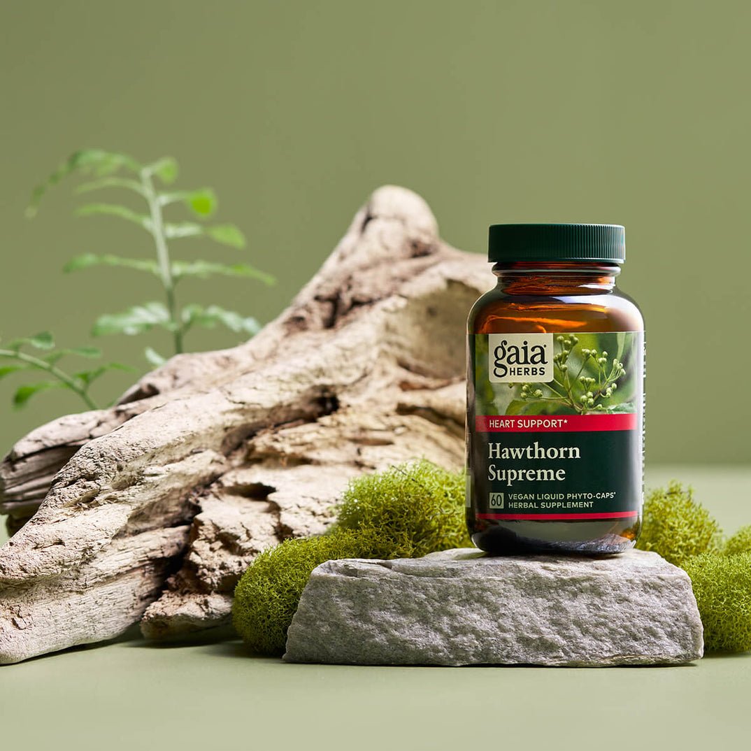 Gaia Herbs Hawthorn dietary supplement in 60 capsules supporting cardiovascular and heart health.