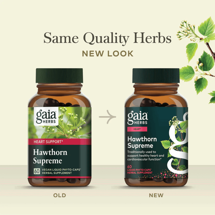 Gaia Herbs Hawthorn dietary supplement capsules for cardiovascular and heart health support. MHP brand, 60 capsules.