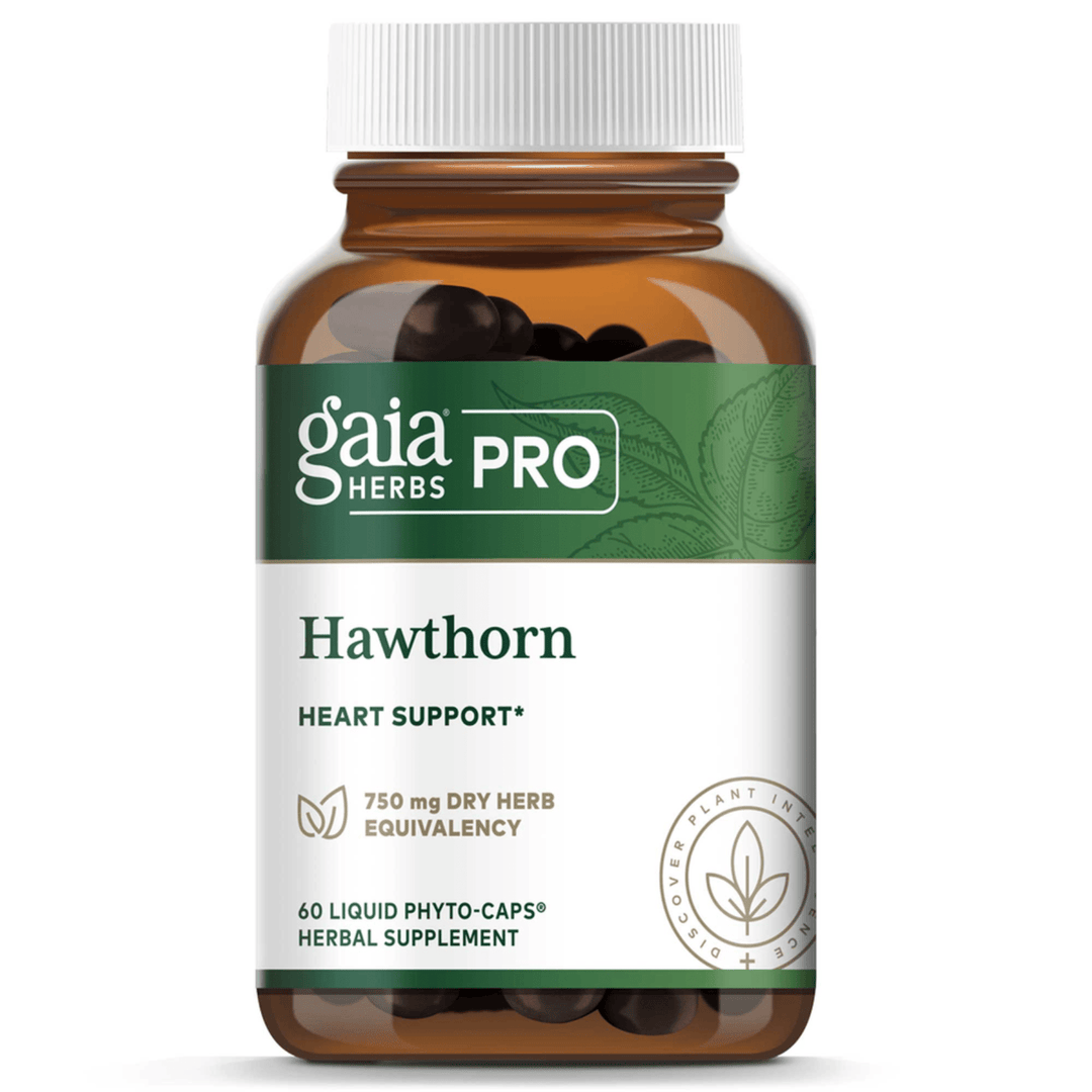 MHP Gaia Herbs Hawthorn dietary supplement bottles with 60 capsules for cardiovascular and heart health support.