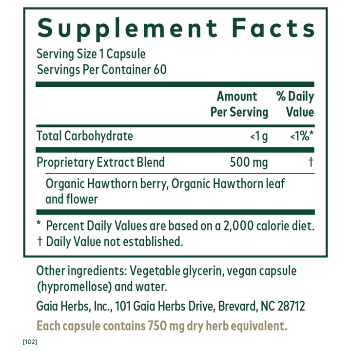 Gaia Herbs Hawthorn dietary supplement in 60 capsules for cardiovascular and heart health support, by MHP.