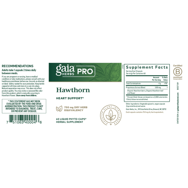 Gaia Herbs Hawthorn dietary supplement in 60 capsules supporting cardiovascular and heart health.