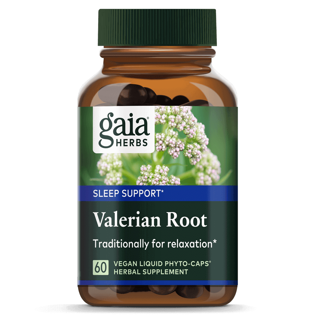 MHP Gaia Herbs Pro Valerian dietary supplement label with 60 liquid phyto caps for research use only.