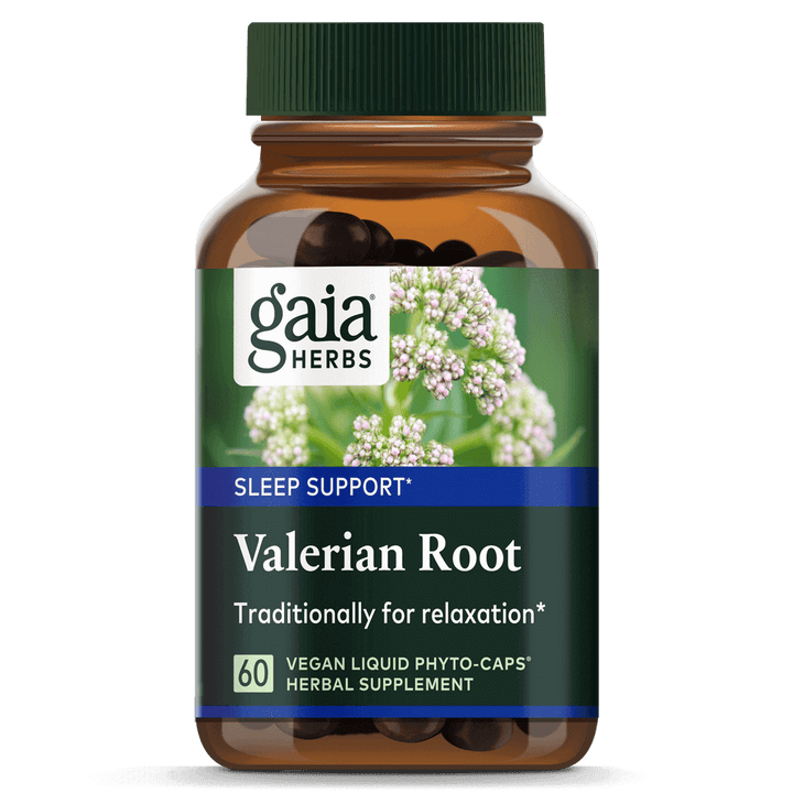 MHP Gaia Herbs Pro Valerian dietary supplement label with 60 liquid phyto caps for research use only.