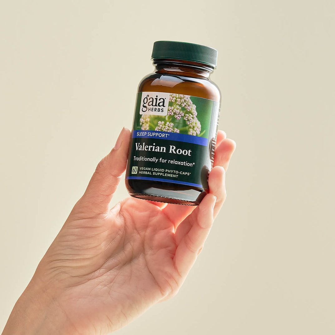 MHP Gaia Herbs Pro Valerian dietary supplement bottle with 60 liquid phyto caps, research use only label visible.