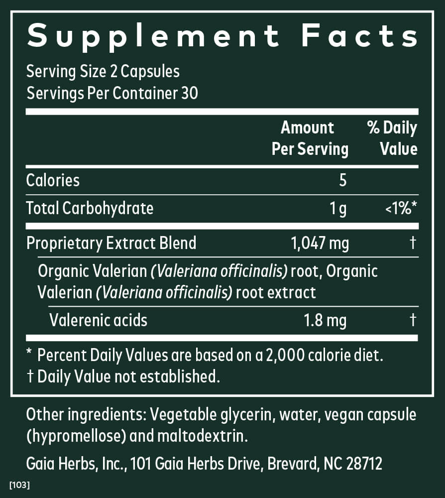 MHP Gaia Herbs Pro Valerian dietary supplement bottle with label, containing 60 liquid phyto caps for research use only.