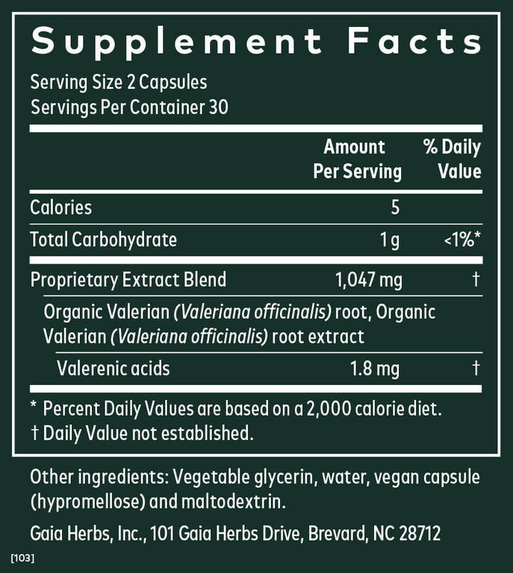 MHP Gaia Herbs Pro Valerian dietary supplement bottle with label, containing 60 liquid phyto caps for research use only.