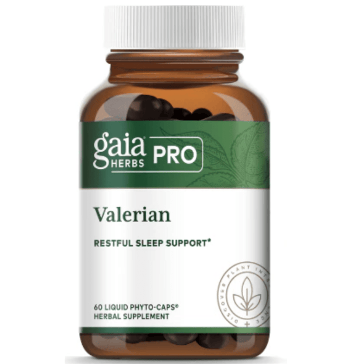 MHP Gaia Herbs Pro Valerian dietary supplement label with 60 liquid phyto caps for research use only