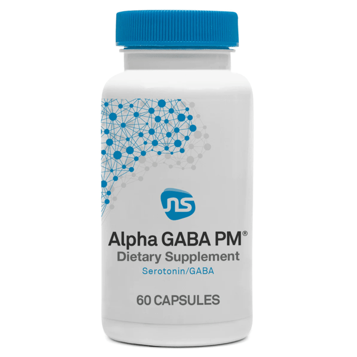 MHP NeuroScience Alpha GABA PM dietary supplement capsules for sleep relaxation, 60 capsules in a natural health product bottle.