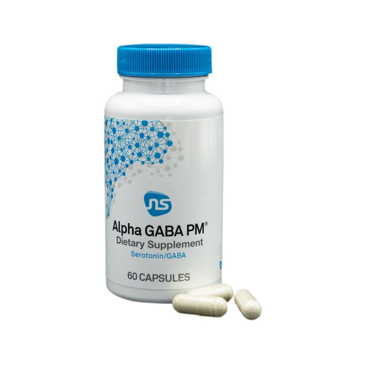 MHP NeuroScience Alpha GABA PM dietary supplement capsules for sleep relaxation, featuring 60 capsules in a bottle.