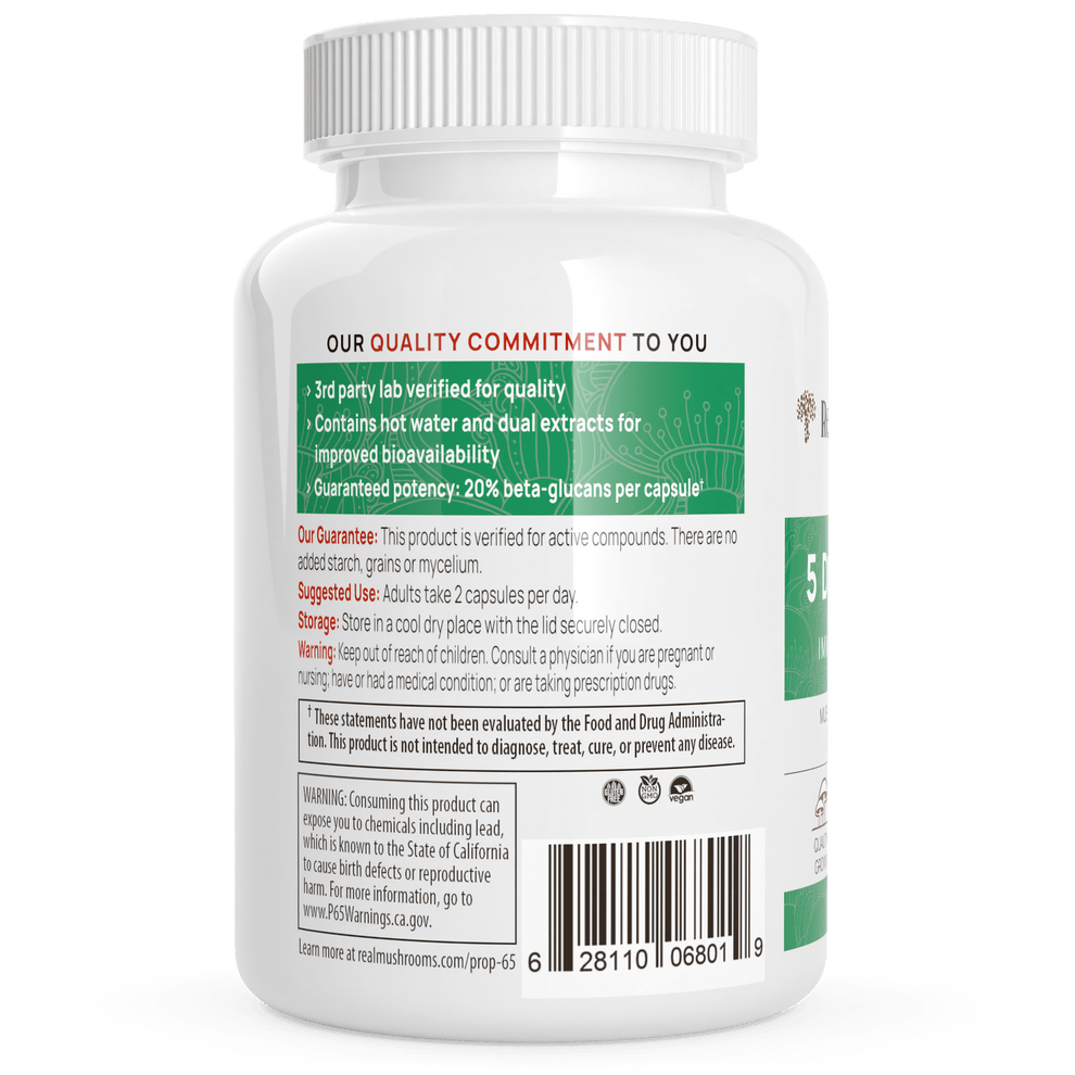 MHP Real Mushrooms 5-Defenders mushroom extract dietary supplement capsules for immune support, shown in a bottle with capsules.