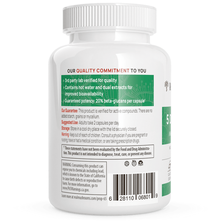 MHP Real Mushrooms 5-Defenders mushroom extract dietary supplement capsules for immune support, shown in a bottle with capsules.