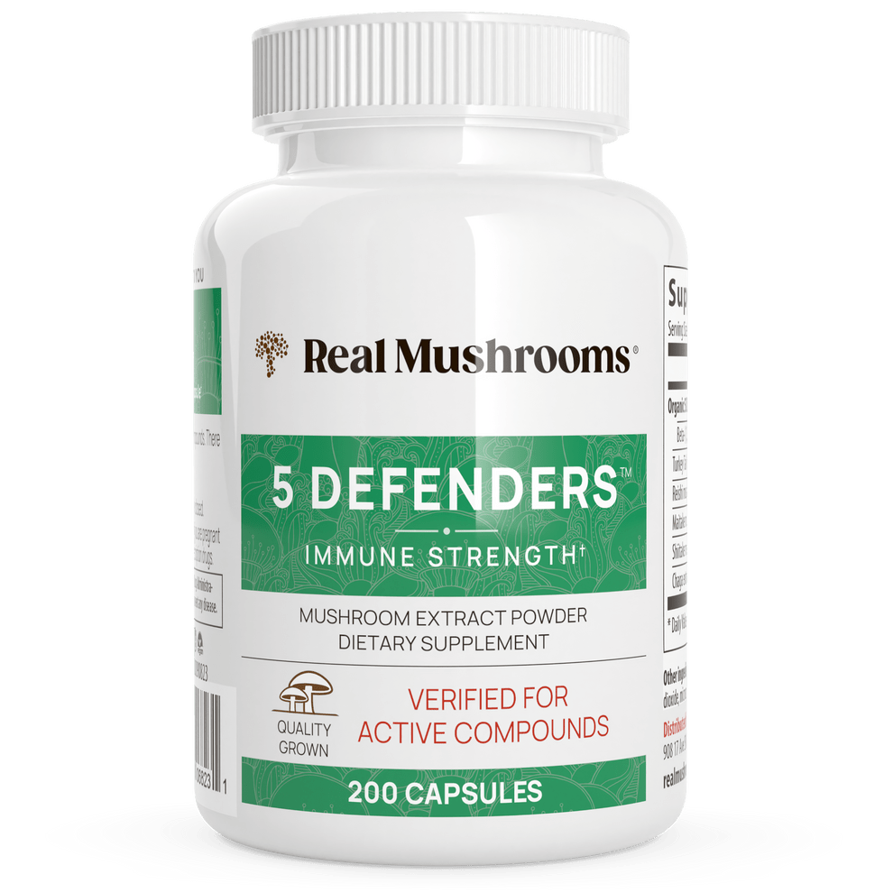 MHP Real Mushrooms 5-Defenders mushroom extract powder dietary supplement in 200 capsules, showing the supplement bottle and capsules.