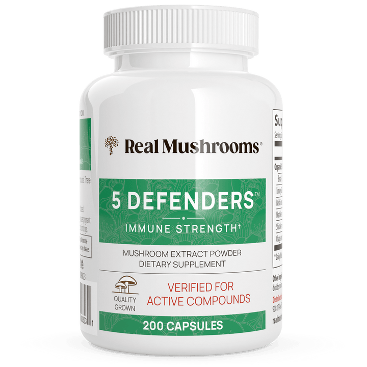 MHP Real Mushrooms 5-Defenders mushroom extract powder dietary supplement in 200 capsules, showing the supplement bottle and capsules.