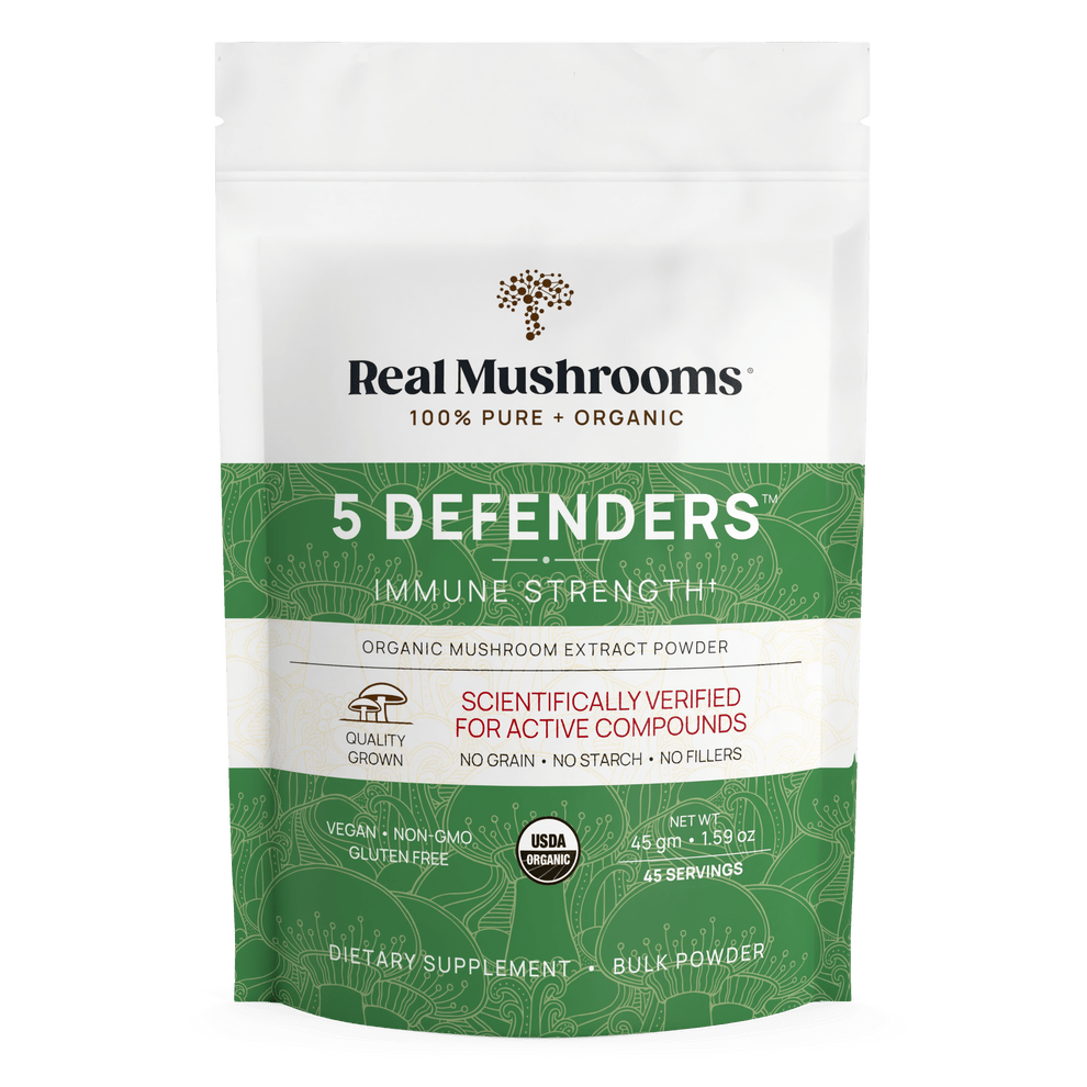Real Mushrooms 5 Defenders Organic Mushroom Extract 45g Immune Support - POWER FIT SHOP — Powering Preparedness, Health & Home