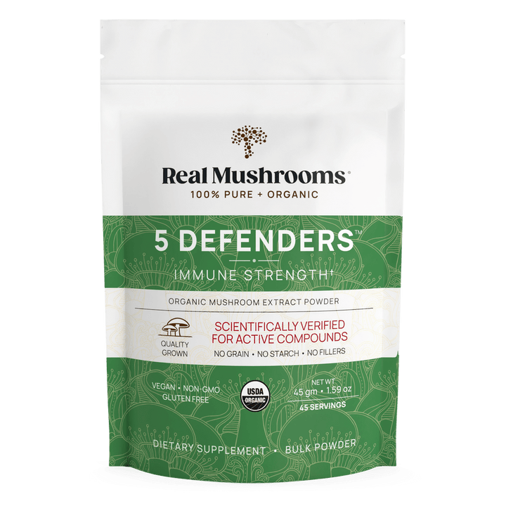 Real Mushrooms 5 Defenders Organic Mushroom Extract 45g Immune Support - POWER FIT SHOP — Powering Preparedness, Health &amp; Home