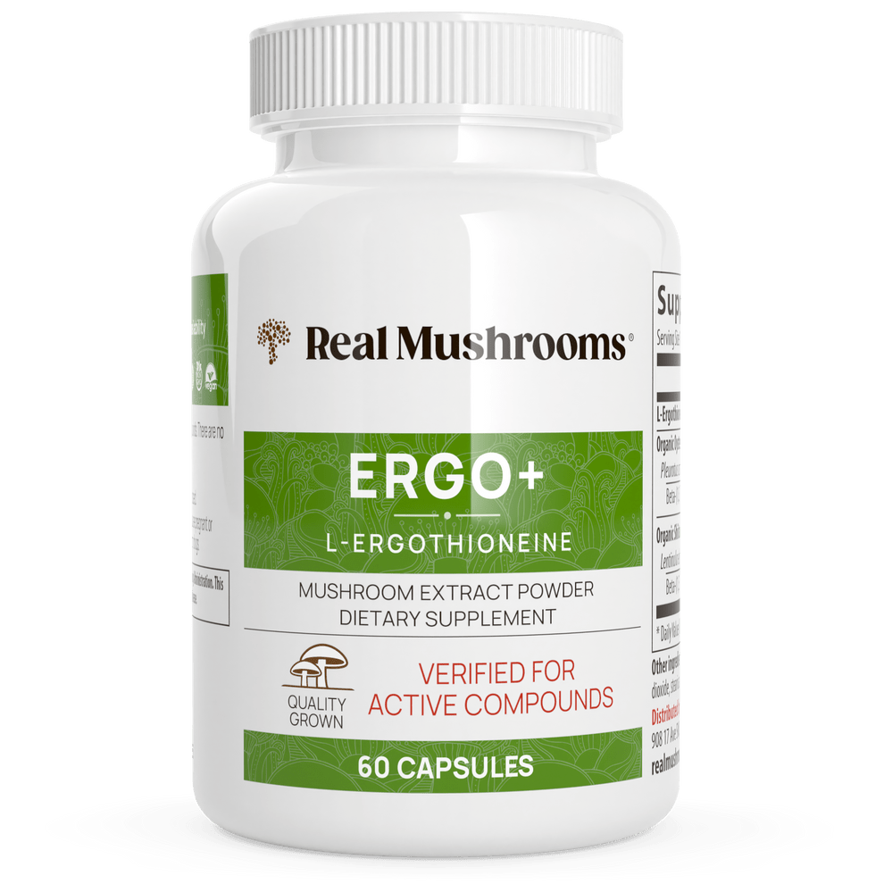 MHP Real Mushrooms Ergo dietary supplement bottle with 60 capsules for immune support and L-Ergothioneine.