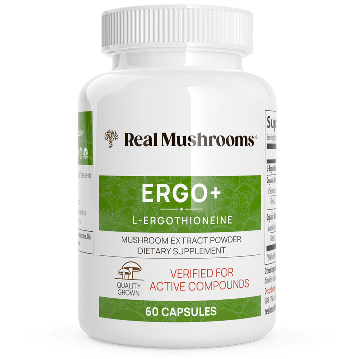 MHP Real Mushrooms Ergo dietary supplement bottle with 60 capsules for immune support and L-Ergothioneine.