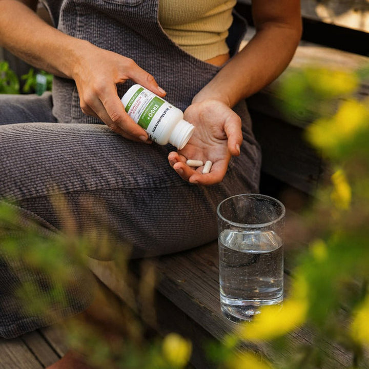 MHP Real Mushrooms Ergo dietary supplement capsules with L-Ergothioneine for immune support, 60 capsules in a bottle.