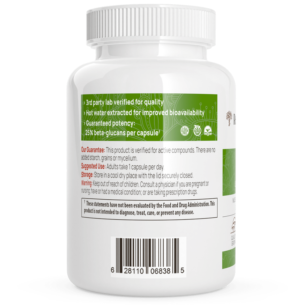 MHP Real Mushrooms Ergo dietary supplement capsules with L-Ergothioneine for immune support, shown in a bottle with 60 capsules.