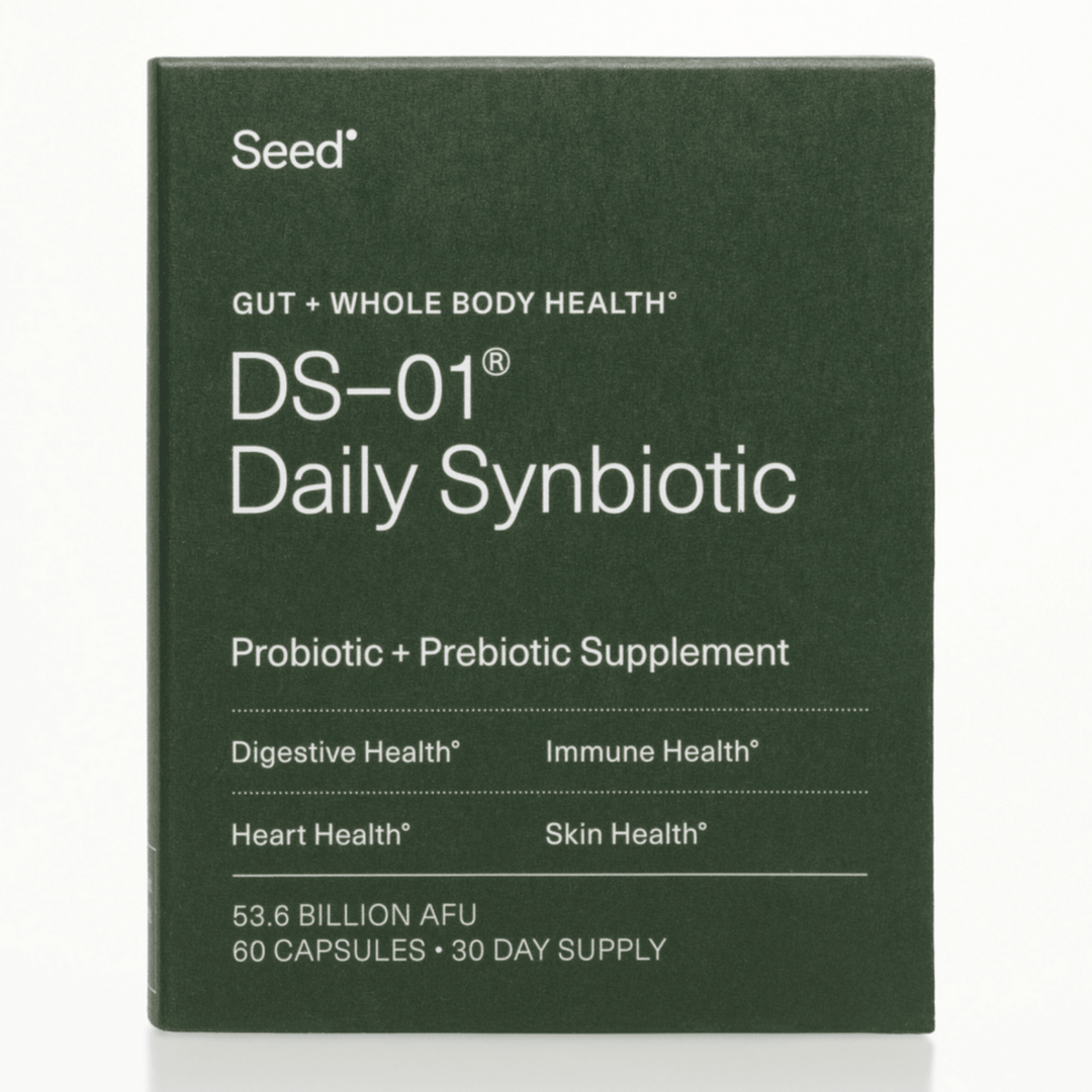 MHP Seed DS-01 Daily Synbiotic dietary supplement with probiotics and prebiotics, 60 capsules in a bottle.