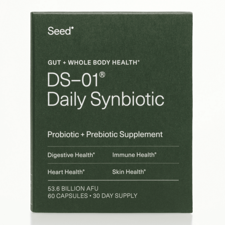 MHP Seed DS-01 Daily Synbiotic dietary supplement with probiotics and prebiotics, 60 capsules in a bottle.