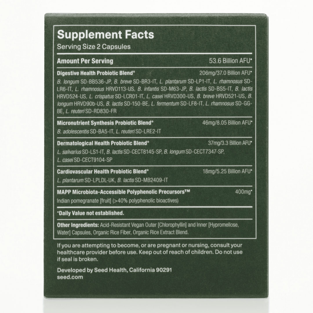 MHP Seed DS-01 Daily Synbiotic dietary supplement with probiotics and prebiotics in a 60-capsule bottle.