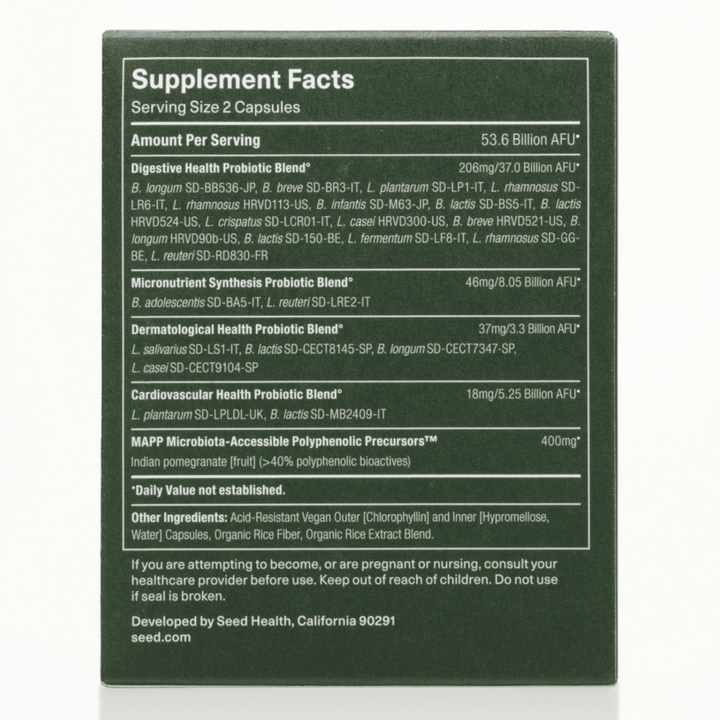 MHP Seed DS-01 Daily Synbiotic dietary supplement with probiotics and prebiotics in a 60-capsule bottle.