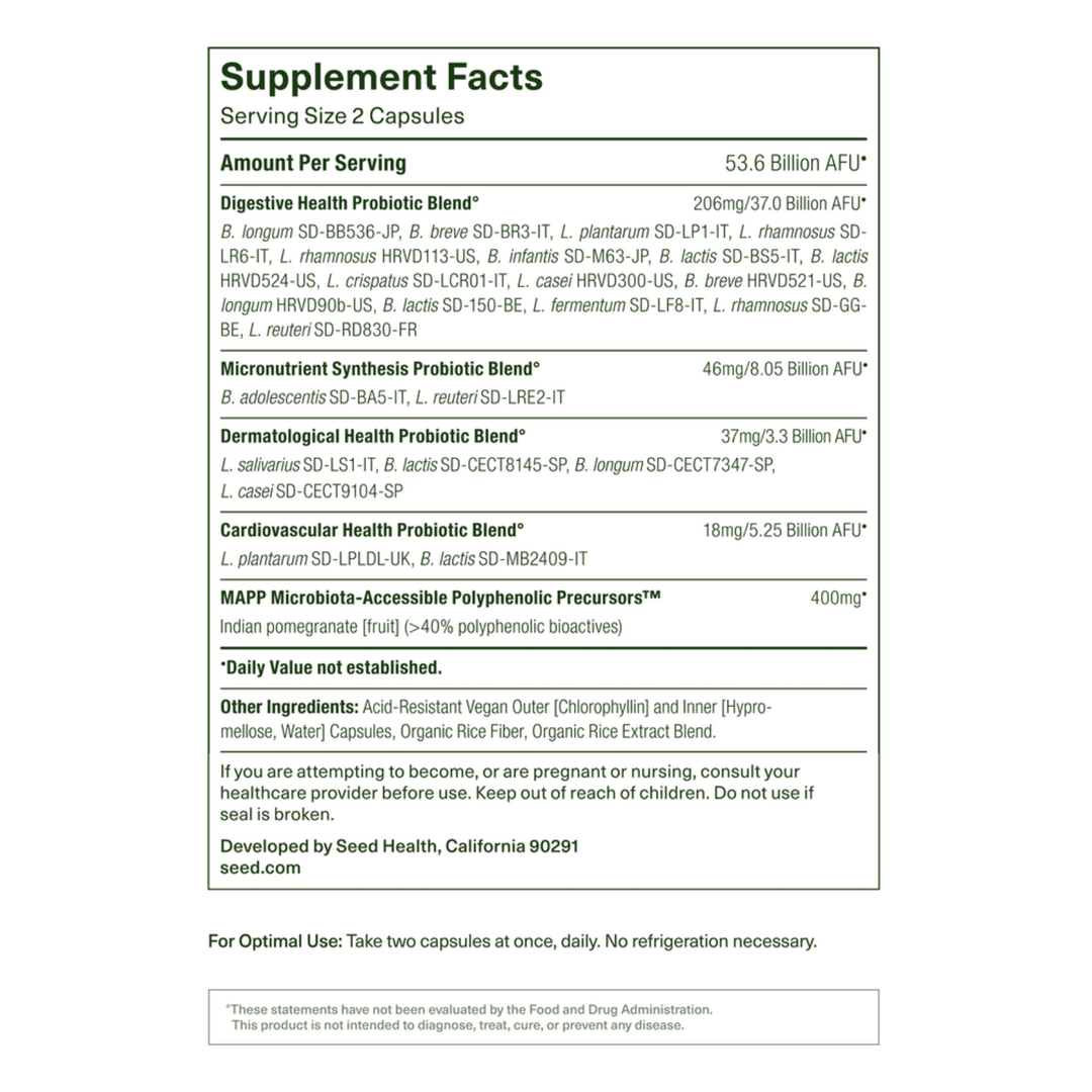 MHP Seed DS-01 Daily Synbiotic dietary supplement with probiotics and prebiotics, 60 capsules, shown in bottle with capsules inside