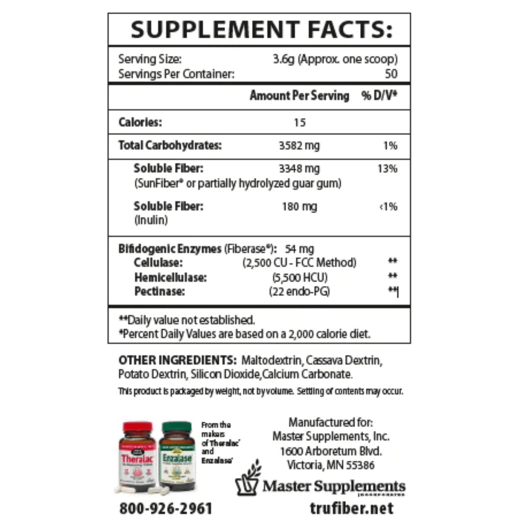 MHP BioActive TruFiber Powder prebiotic fiber supplement in 6 oz container, featuring a scoop and label with product details.