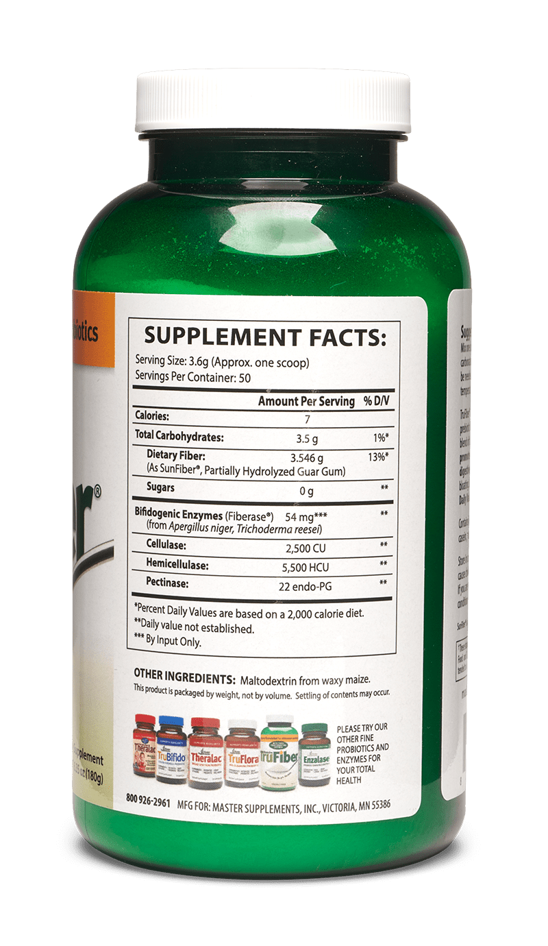 MHP Master Supplements BioActive TruFiber Powder prebiotic fiber in 6 oz jar, showing the enzyme supplement packaging and scoop