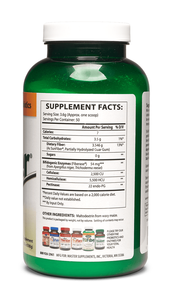 MHP Master Supplements BioActive TruFiber Powder prebiotic fiber in 6 oz jar, showing the enzyme supplement packaging and scoop
