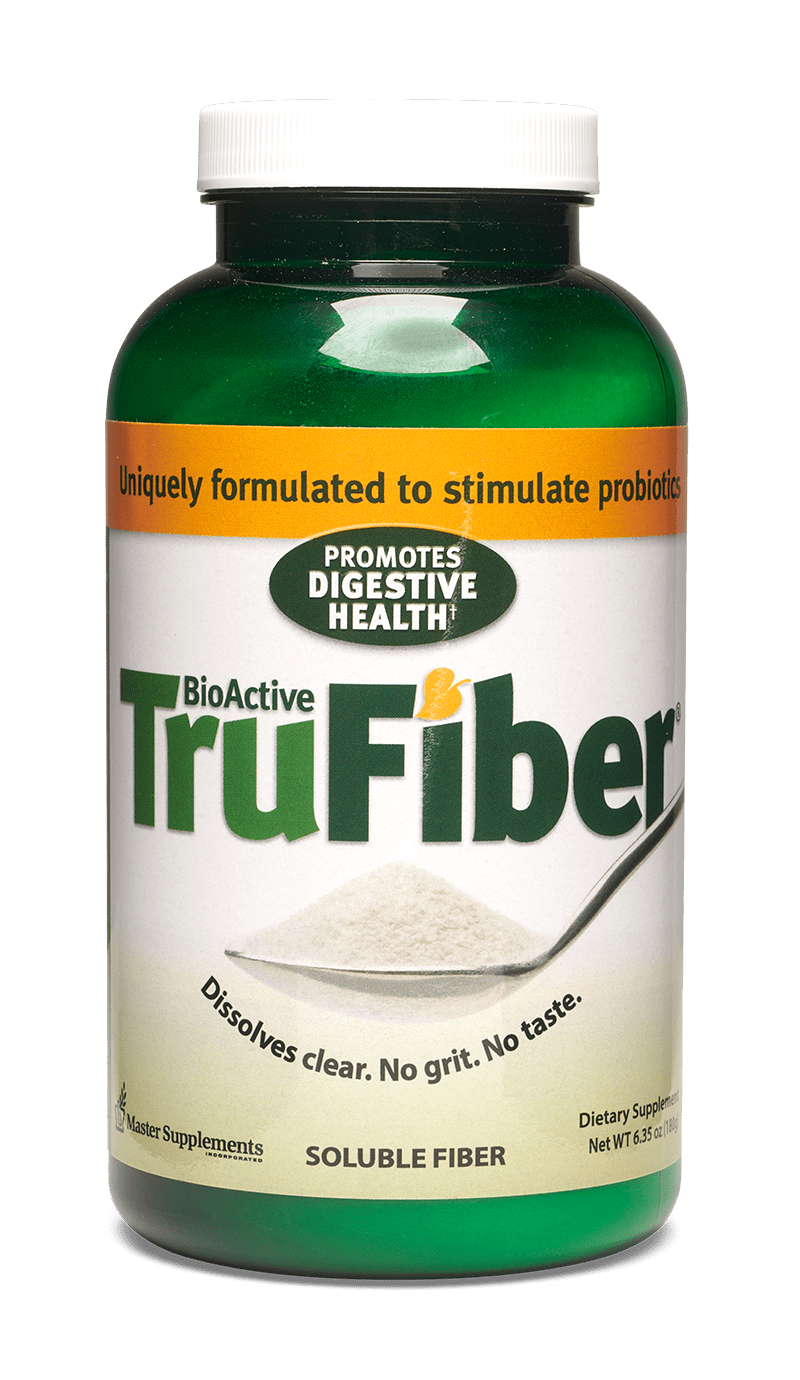 MHP BioActive TruFiber prebiotic fiber powder in a 6 oz container, showing the enzyme supplement packaging and scoop.