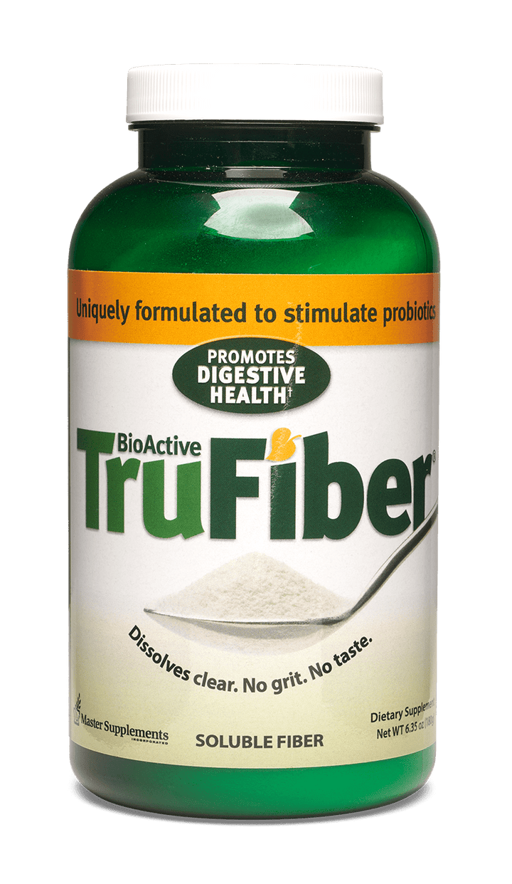 MHP BioActive TruFiber prebiotic fiber powder in a 6 oz container, showing the enzyme supplement packaging and scoop.