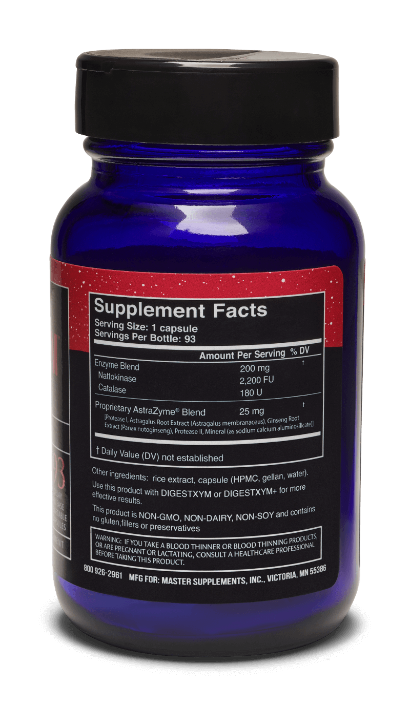 Master Supplements US Enzymes NATTOXYM Nattokinase Blend capsules, enzyme supplement by MHP, displayed in a clear bottle with 93 capsules.