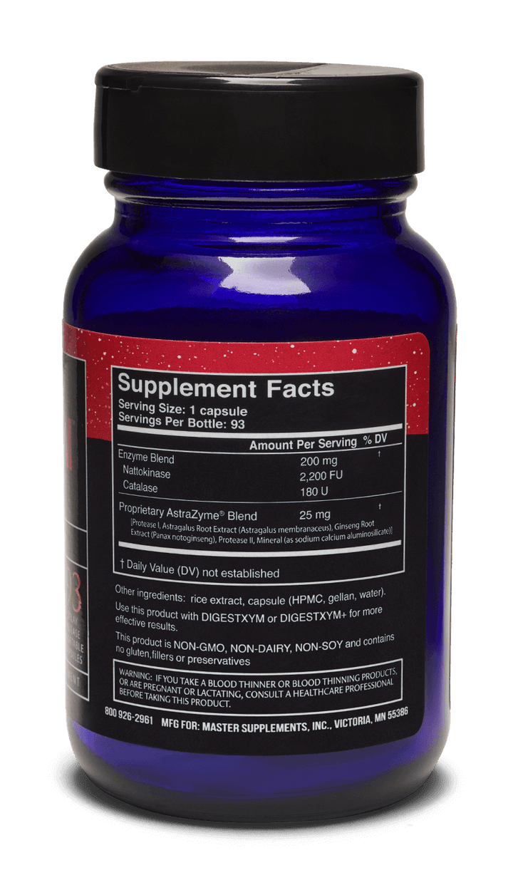 Master Supplements US Enzymes NATTOXYM Nattokinase Blend capsules, enzyme supplement by MHP, displayed in a clear bottle with 93 capsules.