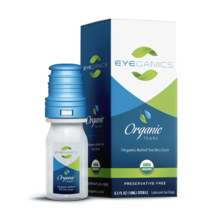 MHP Eyeganics organic eye drops in 10mL bottle, preservative-free for moisture support and eye comfort, with clear dropper cap.