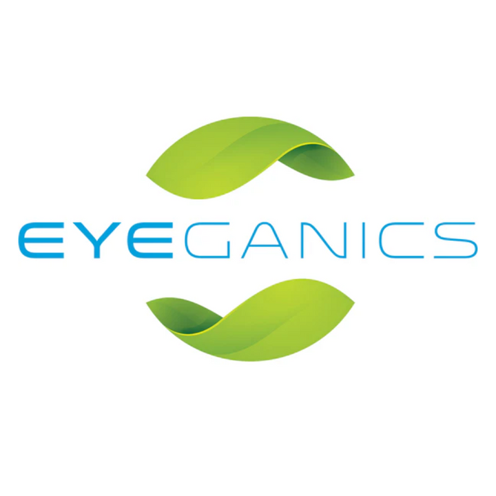 Eyeganics logo featuring green leaves and blue text, representing organic eye care products.