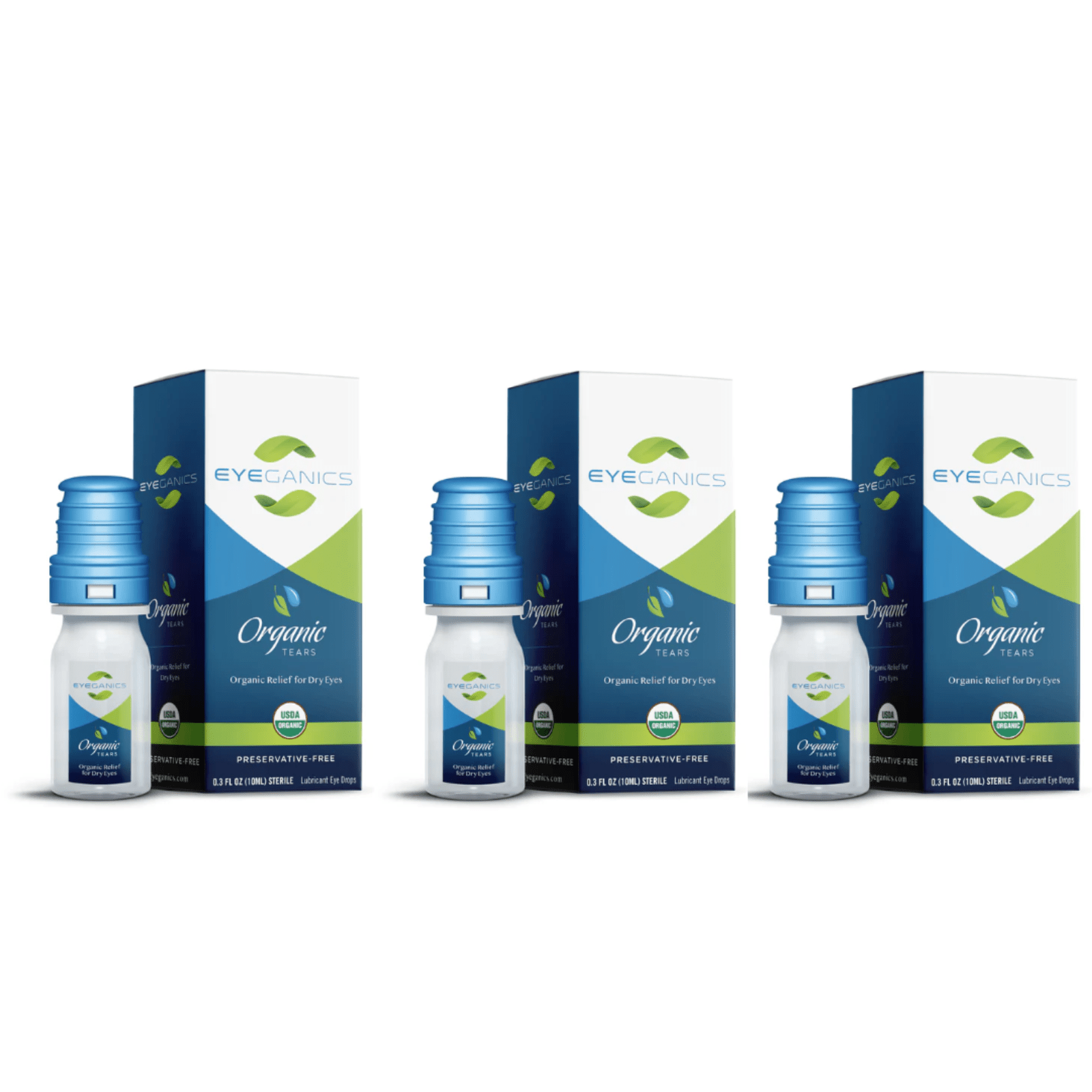 Three bottles of MHP Eyeganics Organic Eye Drops, preservative-free, 10mL each, with clear labels and dropper caps visible.