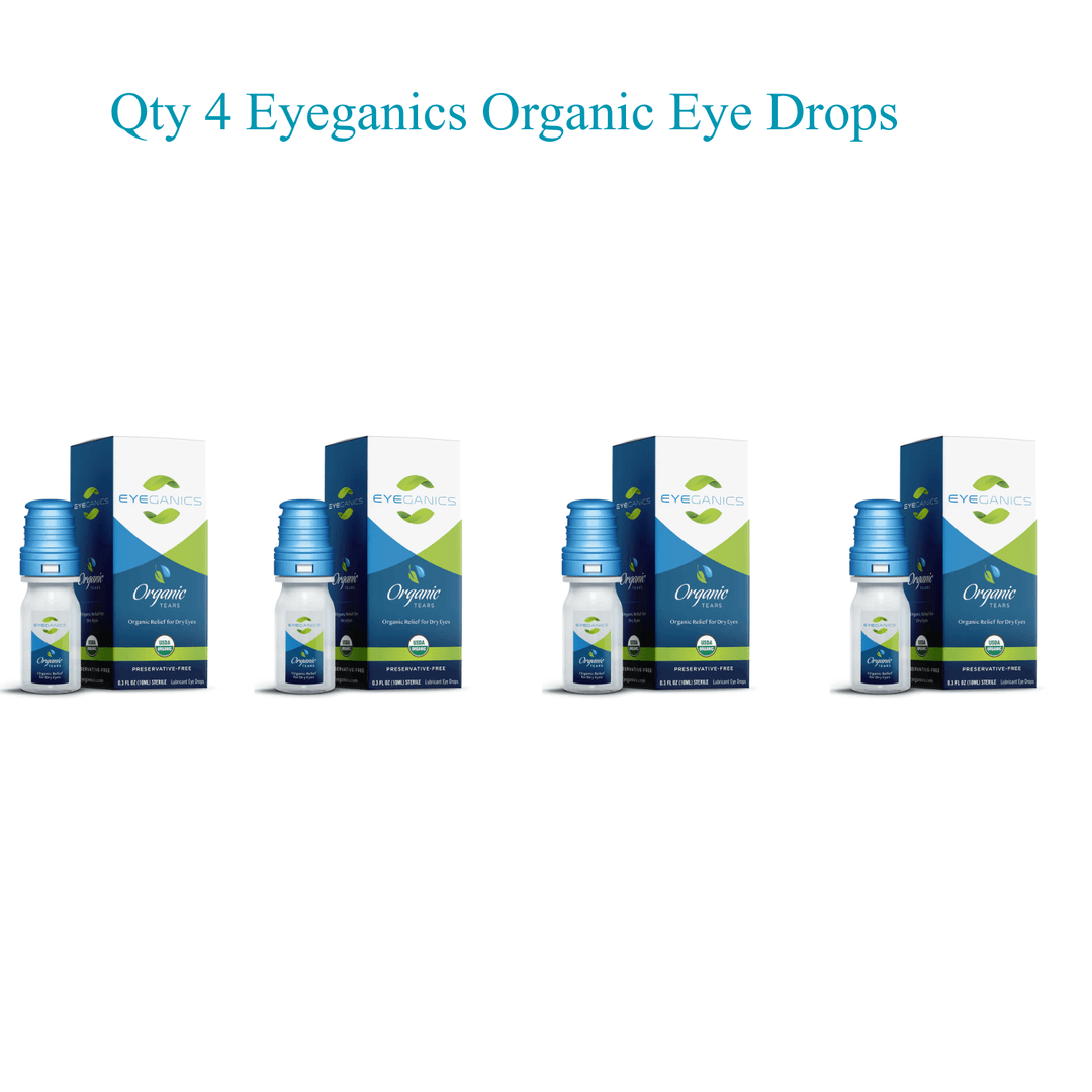 Four bottles of MHP Eyeganics organic eye drops, 10ml each, preservative-free, with dropper caps and clear packaging.