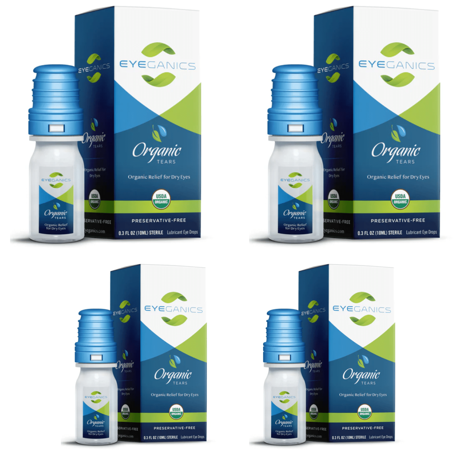 Four bottles of MHP Eyeganics Organic Eye Drops, 10ml each, preservative-free, with clear dropper caps and labeled packaging.