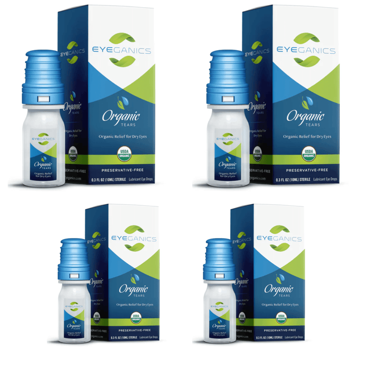Four bottles of MHP Eyeganics Organic Eye Drops, 10ml each, preservative-free, with clear dropper caps and labeled packaging.