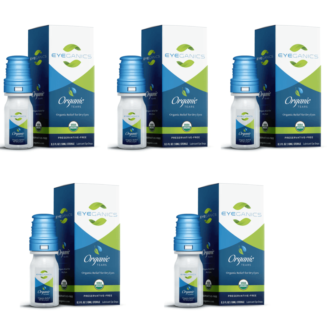 Five bottles of MHP Eyeganics Organic Eye Drops, 10mL each, designed to provide moisture support for dry or irritated eyes.